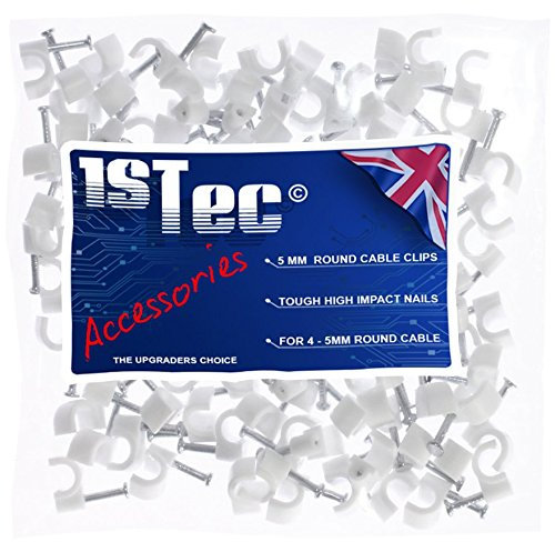 1STec 200 x 5mm White Cable Clips Suitable for Indoor Outdoor Masonry or Wood and used to Pin CAT5 CAT5e CAT6 CAT7 Network Ethernet Leads and BT CW1411 + CW1412 Dropwire + Down Wire (200, 5mm White)