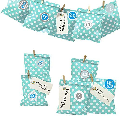 Frau WUNDERVoll® DIY Adventskalender zum Befüllen Bescherung, türkis mint Sterne Papiertüten 13x16,5cm, Ziffern blau grau/Weihnachten Aufkleber Kalender Kinder Geschenkbeutel
