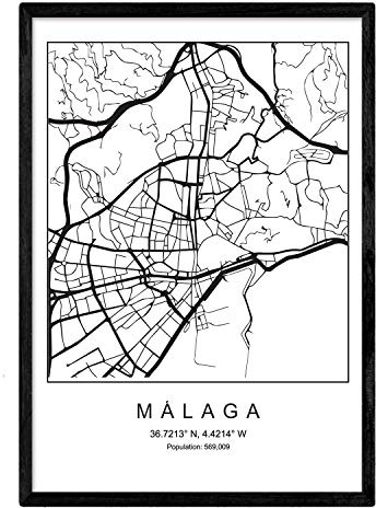 Nacnic La feuille de carte la ville de Malaga style nordique noir et blanc. affichage A4 papier imprimé No 250 gr. Peintures, estampes et affiches pour le salon et chambre à coucher