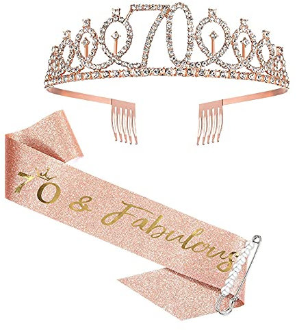 SZHUIHER Fusciacca e diadema per Il 70 ° Compleanno in Oro Rosa per Le Donne, Regali per Il 70 ° Compleanno per Forniture per bomboniere per Il 70 ° Compleanno