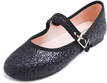 Feversole Women's Soft Breathable Mary Jane Memory Foam Cushioned Comfort Round Toe Metal Buckle Flats Walking Shoes Black Glitter Size UK 5