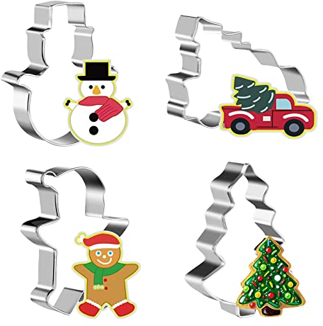 Cortadores de Galletas Navidad, 4PCS Moldes Galletas Navidad, Acero Inoxidable Formas Galletas Navidad, Forma - Árbol de Navidad, muñeco de nieve, hombre de jengibre, camión con árbol de Navidad
