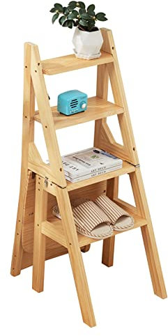 4 Step Ladder Chair Convertible, Multifunction Wood Ladder Stool Innovative Step stool Transforming Folding Fold Up Stepladder Library Kitchen Office Steps Bookshelf Plant Stand