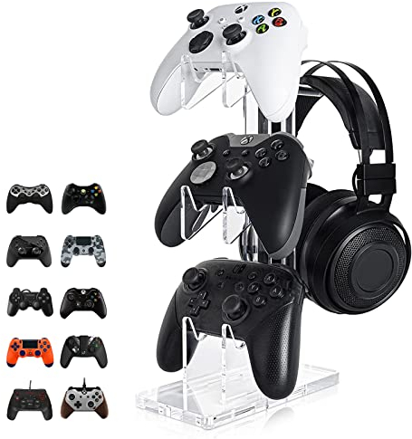 DoepeBAE Soporte Mando para Xbox Series X PS4 PS5 Switch Joy Con y Auriculares - Acrílico Transparente para 3 Gamepads - Accesorios Universales (A)