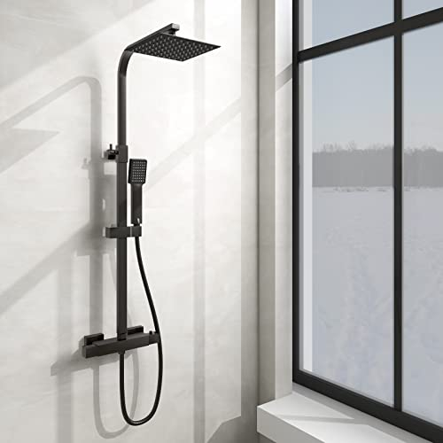 Acezanble Colonne de Douche Thermostatique Réglable en Hauteur Colonne de Douche Mecanique Kit Set de Douche en Laiton Noir Mat Solide
