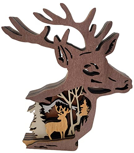 JAWSEU Holzdekor Hirsch Deko Holz, Waldtier Dekoration Hirsch Holzfigur, Ausgehöhlt Mehrfache Schichten holzskulptur, Tier Holz Handwerk, Rustikale Deko Wohnzimmer Hirsch Dekorationen