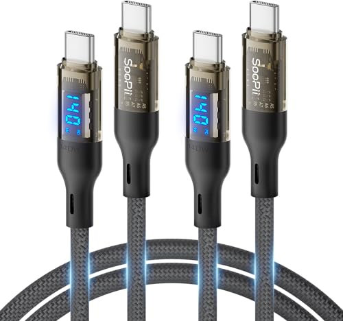 SOOPII 140W USB C to USB C cable[4ft 2-Pack],Fast Charging USB C Cable with LED display for MacBook Pro,lPhone 16/15/15 Pro/15Pro Max,Galaxy S23+/S23 Ultra/S22 Ultra,etc.Transparent shell,(Black)