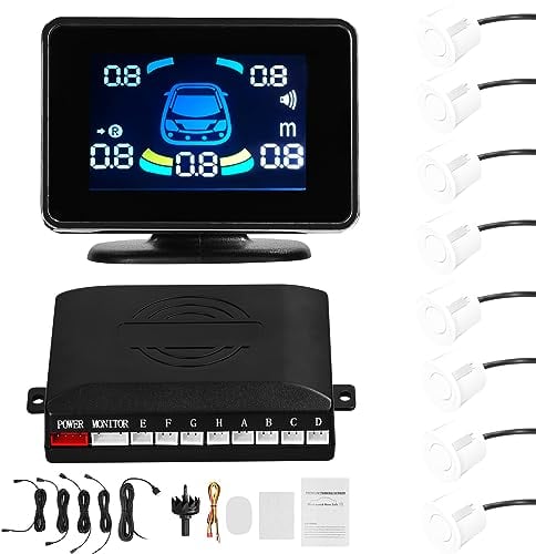 Shkalacar Sensores Aparcamiento Coche, Detector Radares para Coche, Parking Sensor con 8 Sensores, Pantalla LCD, Soporte Delantero y Trasero, Advertencia de Sonido/Zumbador/Silencio