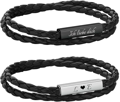 Personalisierte Partnerarmbänder mit Gravur - Lederarmband Herren Damen Pärchen Armband mit Namen Partner Armbänder Magnet mit HERZ Weihnachten Jubiläum Geburtstag Valentinstag Geschenke für Sie Ihn