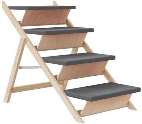 vidaXL Hundetreppe, Klappbar Hunderampe mit 4 Stufen, rutschfest Haustiertreppe Leiter für Sofa Bett, Katzentreppe Hundeleiter, Grau Massivholz Tanne