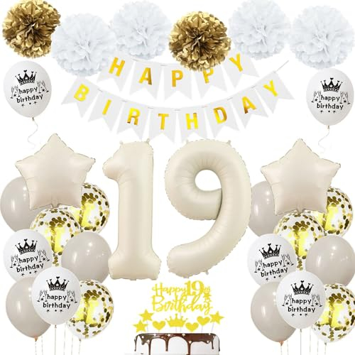 Geburtstagsdeko 19 Beige Gold, Luftballons 19 Geburtstag Mädchen Junge, Deko 19. Geburtstag Luftballons, Beige 19. Dekorationen, Sandweiß 19 Jahre Geburtstagsdeko, Luftballon 19