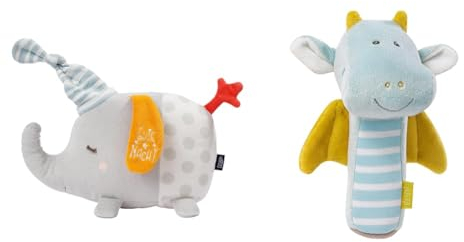 Fehn Nachtlicht Elefant - Kuscheltier mit Glow-in-the-dark Bestickung & Stabgreifling Drache - Motorikspielzeug