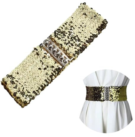 SamHeng Women Wide Sequin Belt Glitter Elastic Stretchy Waistband Cinch Belt Metal Buckle for 80s Costume Party Disco Party, Gold