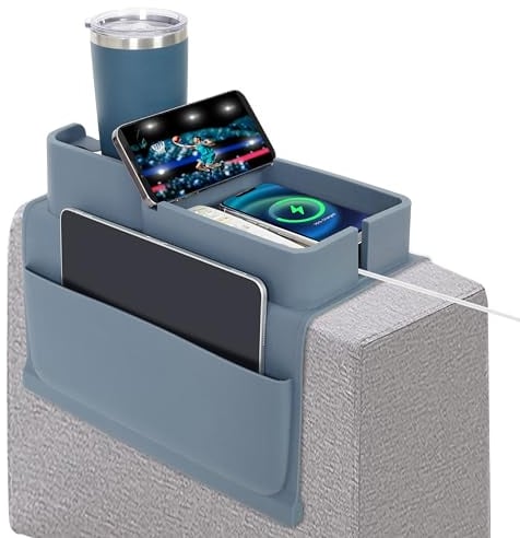 ROLIZOE Plateau Porte-gobelet de Canapé avec Poches Latérales et Porte-gobelet Support de Canapé Antidérapant Plateau de Canapé en Silicone pour Tasse, Téléphone, Télécommande, Snacks, Bleu