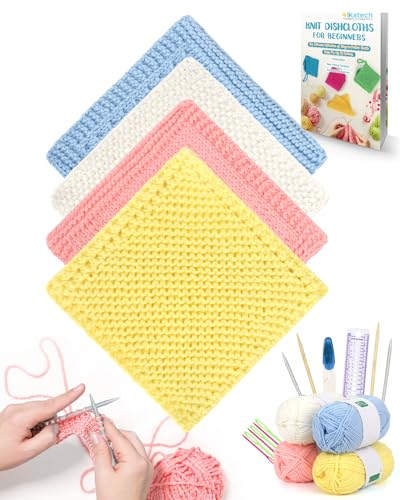 Katech Stricken für Anfänger Set, Feste Rundstricknadeln 60cm aus Metall und Bambus, Knitting Set Anfänger 4 Putzlappen Stricksets mit Englisch Anleitung, Stricknadeln Anfänger, Hell Putzlappen