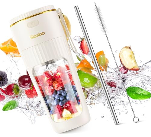 Sizabo Portable Blender,Travel Personal Size Blender for Shakes and Smoothies, Beach Blender Cup Rechargeable with 10 Blades, 3000mAh Mini Fruit Juice Mixer Sport Portable Blender Rechargeable White