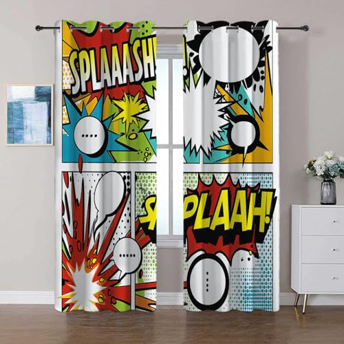 Karikatur Vorhang Blickdicht Comic-Pop-Art-Elemente Ösen Vorhang 2Er Set B117 x H183 cm Verdunkelungsvorhang Blickdicht Gardinen Kinderzimmer Schlafzimmer Wohnzimmer Thermovor