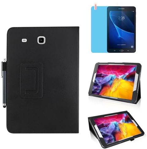 Slim Leather Case for Samsung Galaxy Tab A 7.0 Inch 2016 (SM-T280 T285), Multi-Angle Stand Full-Protective Tablet Cover Book Case with Stylus Pen,Screen Film (Black)