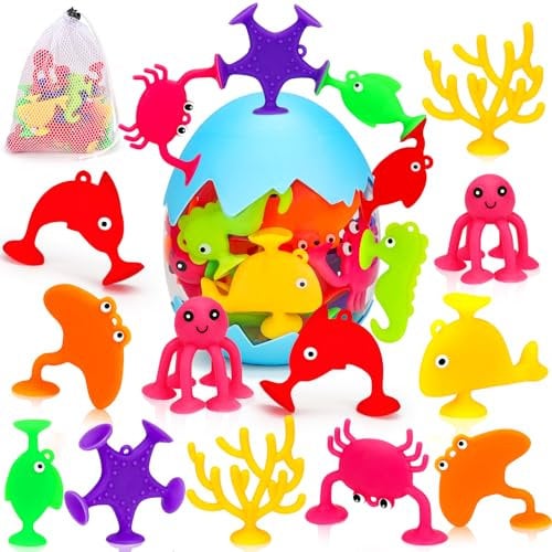 Kids Bath Toys Ocean Suction Cup Toys No Hole Mold Free Bathtub Toys for Kids 1 2 3 Years with Eggshell Window Travel Sensory Water Play Toys Party Favor