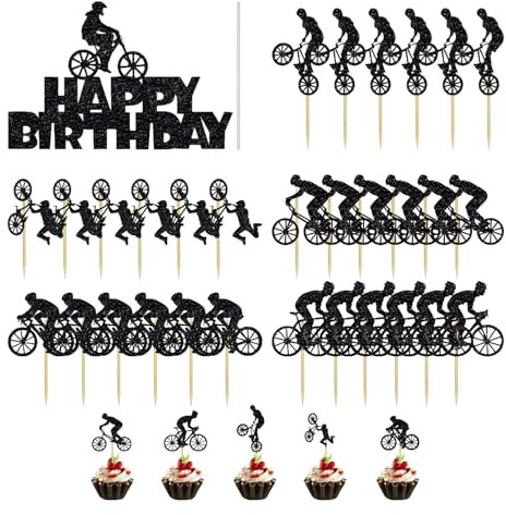 VBRHFRIF 31 Pieces Bicycle Cake Inserts, Cake Topper, Outdoor Sports Themed Cake Decorations, Cupcake Inserts, Glitter Bicycle Inserts, Bicycle Party Decorations