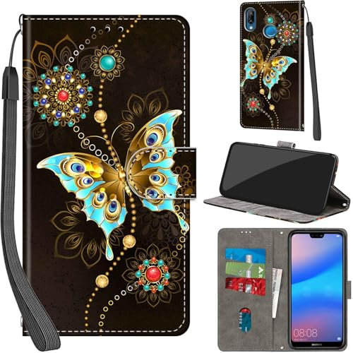 Handyhülle für Huawei P20 Lite Hülle PU Leder Schutzhülle Klappbar mit Kartenfach Ständer Handytasche mit Kameraschutz Flip Case Klapphülle für Huawei P20 Lite, grüner Schmetterling