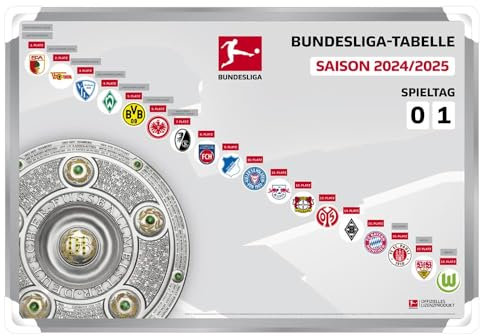 AMBALLCOM | DFL - Bundesliga 1 Magnettabelle mit 18 Clublogos | 63 x 42 cm | Saison 2024-2025 | Spieltag-Platte mit 13 nummerierten Slots