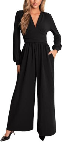 CUPSHE Womens Jumpsuit Plunging V Neck Long Puff Sleeve Overall Wide Leg Elegant Playsuit with Pockets Black S