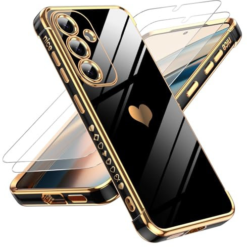 LeYi Handyhülle für Samsung Galaxy S25 Hülle mit 2*Schutzfolie, Cute Herz Muster TPU Silikon Galvanik Stoßfest Schutzhülle Cover Case, Kameraschutz Kratzfest für Samsung S 25 Schwarz