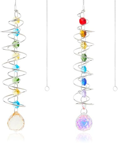 Hobbspring 2Pcs Glass Wind Chime 2 Colors Gazing Ball Spiral Tail Crystal Decorative Sun Catchers with Chakra Beads for Indoor Outdoor Garden Windowsill Bedroom Decoration