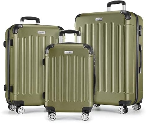 MERISH Reisekoffer Koffer Kofferset Trolleys Zwillingsrollen 3tlg. Hartschale in 9 Farben (Oliv, Set)