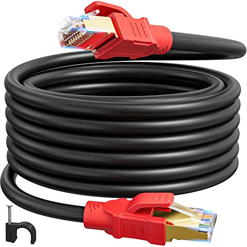 Soibke 10m Ethernet Cable Cat 8 High Speed LAN Internet Cable, S/FTP Shielded Network Cable RJ45 Gigabit 40Gbps 2000MHz 26AWG POE Black Patch Cord for Router Modem (10 Clips)