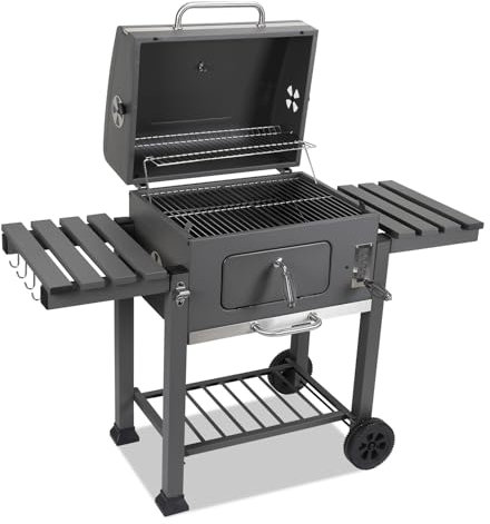 Eikuavons Grillwagen xxl, Holzkohlegrill mit Deckel und Rädern, inkl. doppelter klappbarer Ablage, Haken, Thermometer, Grillroste, etc., Campinggrill und Smoker für den Garten, grau