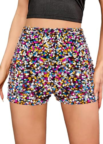 Elenint Damen Stylische Glitzernde Pailletten Shorts Hohe Taille Locker Gerade Bein Shorts Disco Club Festival Rave Kostüm Tanz Shorts