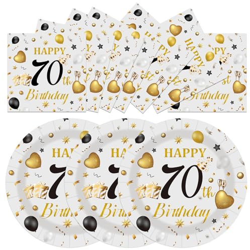 50PCS 70th Birthday Plates and Napkins, 7 Inch Premium Grey and Gold Happy Birthday Paper Plates and Napkins Disposable Tableware Set 70 Year Old Birthday's Party Decor Decorations for Women Men