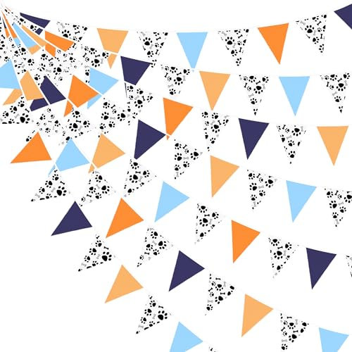 32Ft Blue Orange Puppy Paw Print Fabric Bunting Banner Dog Paw Party Decorations Triangle Flag Pennant Garland Streamers for Kids Dog Paw Birthday Baby Shower Blue Dog Party Outdoor Garden Decor