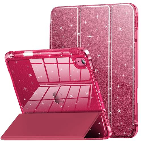 INFILAND Compatible with iPad A16 11th Generation 11 Inch 2025 Case, iPad Case 10th Generation 10.9 Inch, Glitter Cover with Sparkly Clear Back, Pencil Holder, for Kids Girls (Magenta)