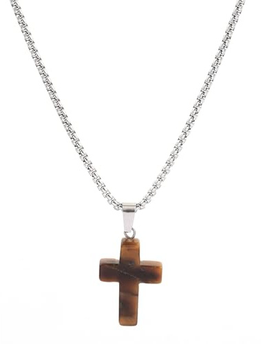 meberg Karma NH10879589 Halskette mit Kreuz für Herren Edelstahl Naturstein Silber 50 cm Kette Herrenschmuck Edelstahlkette Männer Herrenhalskette wasserfest und antiallergisch