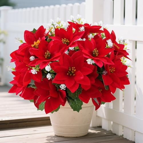 WOBUBU Fiori di Natale artificiali da 35,5 cm, per esterni, 12 fasci di fiori finti in seta rossa, piante in finta plastica, resistenti ai raggi UV, per casa, giardino, veranda, patio, decorazione