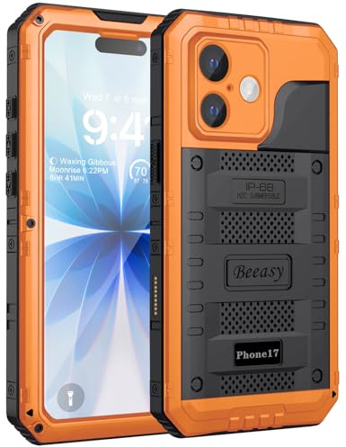 Beeasy für iPhone 17 Hülle, IP68 Wasserdicht Staubdicht Handyhülle Outdoor Panzerhülle, Militär 360 Grad Schutzhülle mit Displayschutz, Robust Stoßfest Heavy Duty Metall Case 6,3, Orange