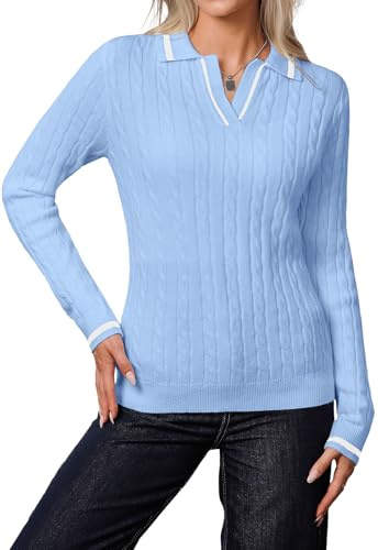 YUNDAI Womens Jumpers Polo Collared V-Neck Long Sleeve Ribbed Knit Contrasting Color Casual Lightweight Slim Fitted Cute Tee Tops Blouse, Large Light Blue