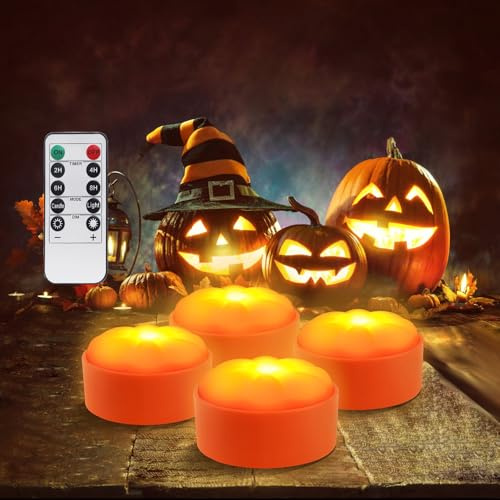 SIGANDG LED Licht mit Fernbedienung, Halloween Kürbis Lichter Lampe, LED Jack-O-Lantern Lichter, Batteriebetriebene Flammenlose Kerzen, Nachtlicht, für Kürbis Halloween Deko (4 Stück)