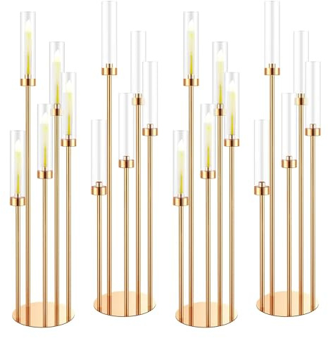 bimiti 4 Pièces Bougeoirs Or Ouragan Verre, Chandelier Bougeoir avec Verre | Cylindrique,106 CM, Convient aux Bougies de 2 CM, Chandelier Doré pour Mariage