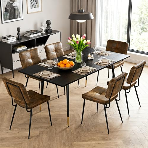 MEUBLE Cosy Essgruppen, Esstisch Ausziehbar mit 6 Esszimmerstühle aus Wildleder, 7er-Set, für Esszimmer Küche Wohnzimmer, Schwarz + Gold + Braun