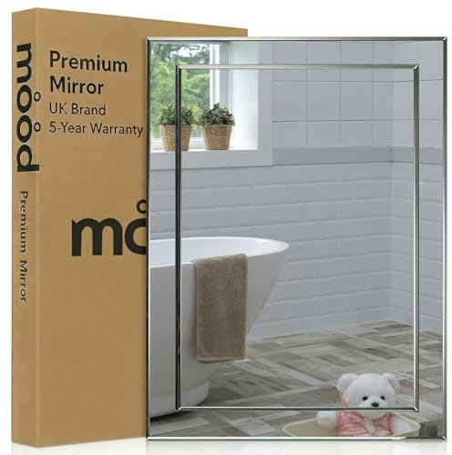 Neue Design Mood® Premium Rectangular Bathroom Mirror, Anti-Rust Wall Mounted Bevelled Frameless Mirrors, Hangs Both Ways, Double Layer of Glass, Toilet Bedroom Hallway, (60cm x 45cm)