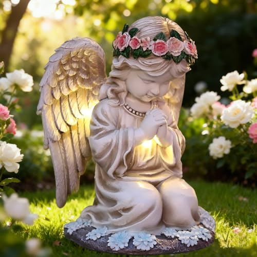 Nzkeuf Grabschmuck Wetterfest, Solar Engel Gartenstatuen, Wetterfest Grabschmuck, Grabengel mit Led Solarleuchten, Geeignet für Zimmer im Freien Garten Balkon Terrassendekoration, Betender Engel