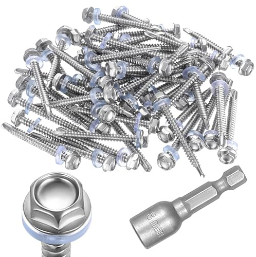50pcs Self-Drilling Roofing Screws M4.8 x50mm, Stainless Steel 401 Hex Head Screws with Washer, Metal Roof Screws with Sealing Washer, Self-Tapping Sheet Metal Screws + 8mm Socket