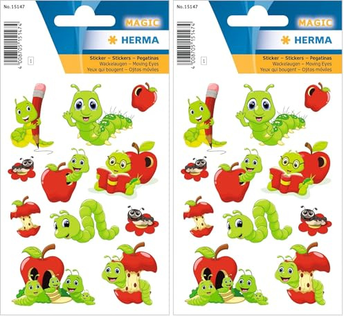 HERMA 15147 Aufkleber Wurm klein groß, 11 Stück, Wackelaugen Tiere Sticker mit Raupe Apfel Motiv, Kinder Etiketten für Fotoalbum Tagebuch Poesiealbum Scrapbooking Geburtstag Dekoration Briefe Basteln