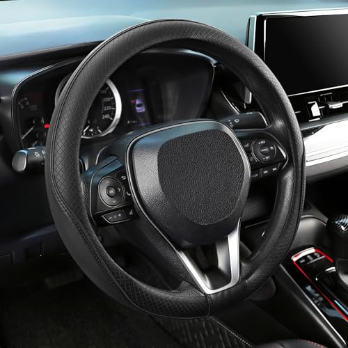 SEG Direct Steering Wheel Cover 37-39cm Medium Size, Microfiber Leather, Non-Slip Comfortable Grip, Fits Cars Trucks SUVs, Black