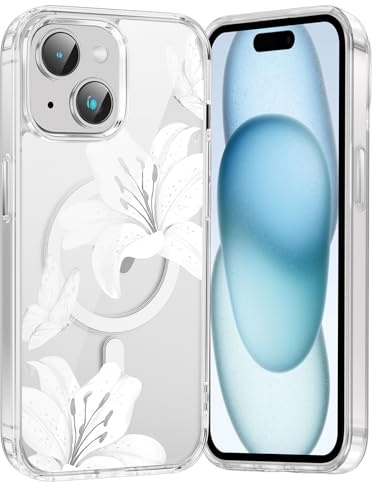 Vxinvnoi Handyhülle Magnetisch für iPhone 15 Hülle, Aesthetic Blumen Lilien Schmetterlinge Muster Design Transparent Schutzhülle Kompatibel mit MagSafe, Stoßfest Klar Case für iPhone 15 6,1'' - Weiß