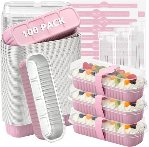 YEENAIV Confezione da 100 mini teglie per torte con coperchio e cucchiai, in alluminio, usa e getta, per pane, matrimoni, compleanni, feste, picnic, vacanze